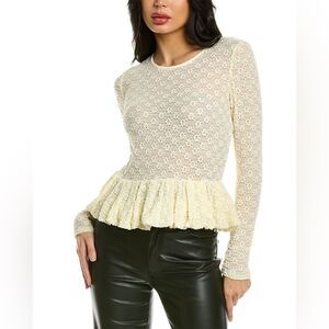 REBECCA TAYLOR Lace Peplum Top XL Antique Cream Floral Cloque Coquette Boho NWT